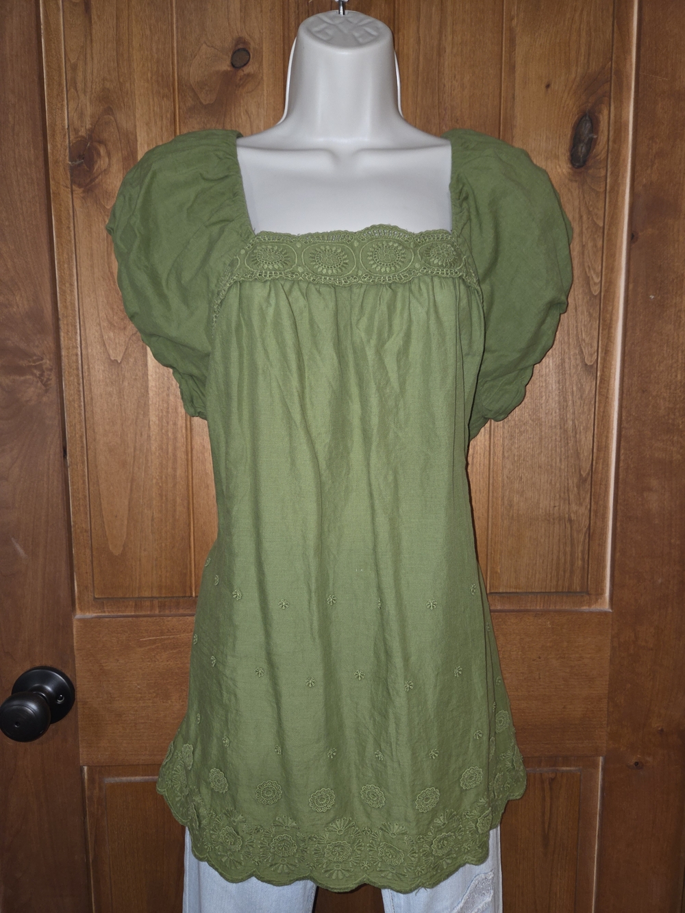 Apt. 9 Olive Green Puff Sleeve Embroidered Cotton Tunic